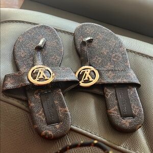 Louis Vuitton Brown Monogram Sandals with Gold Accents